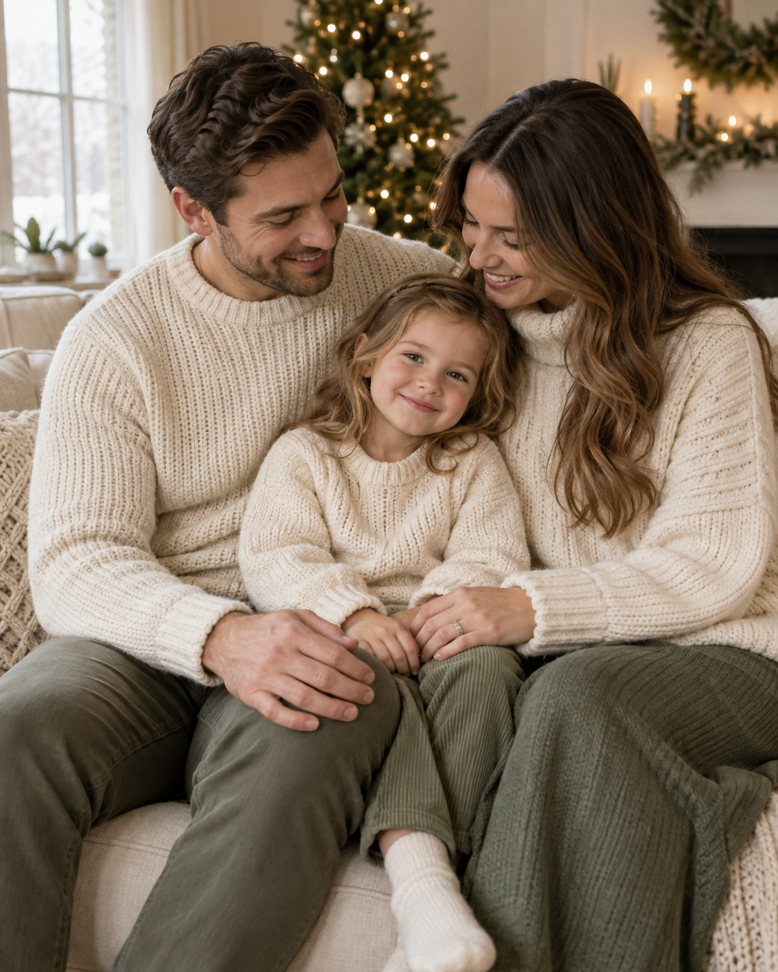 Una familia comparte un momento junto a un árbol de Navidad.